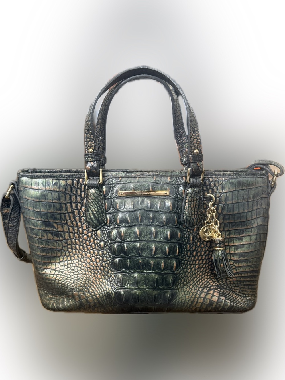 Brahmin Metallic Green Croc Embossed Leather Satchel Crossbody Purse Mini Asher
